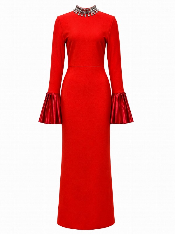 【新品DRESS 2035】ハイネックビジューフレアスリーブタイトロングドレス レッド